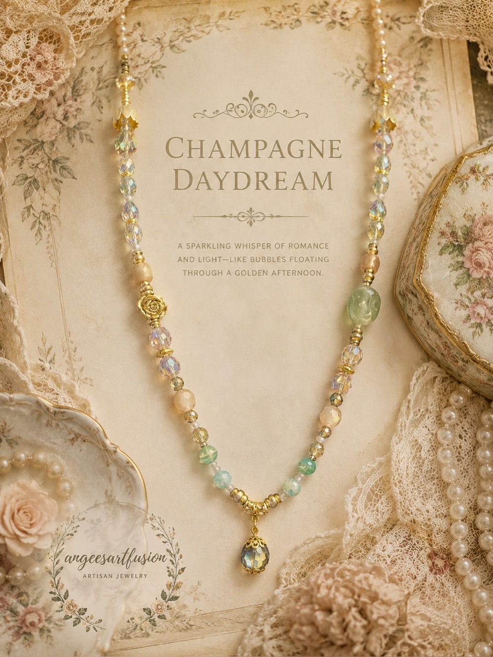 “Champagne Daydream”Necklace - Amazonite,Cat’s Eye,Acrylic,Crystal